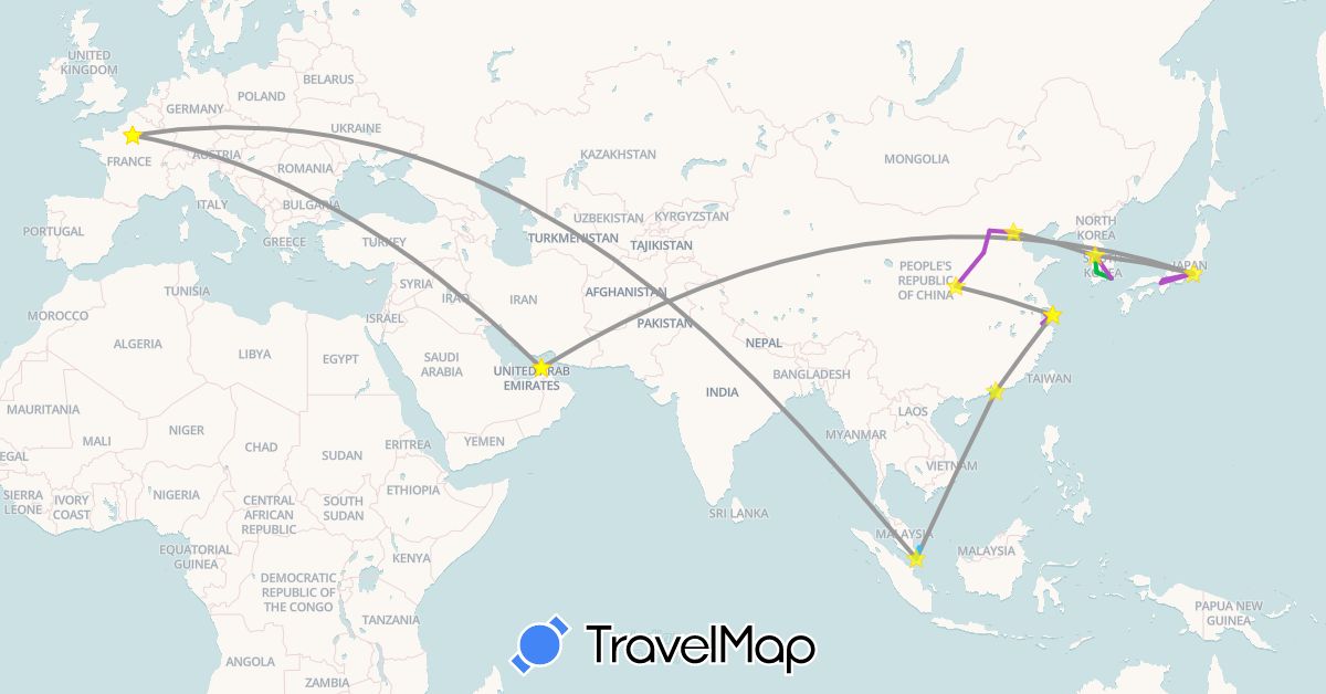 TravelMap itinerary: driving, bus, plane, train, boat in United Arab Emirates, China, France, Hong Kong, Japan, South Korea, Macau, Malaysia, Singapore (Asia, Europe)