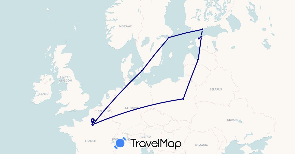 TravelMap itinerary: driving in Denmark, Estonia, Finland, France, Latvia, Poland, Sweden (Europe)